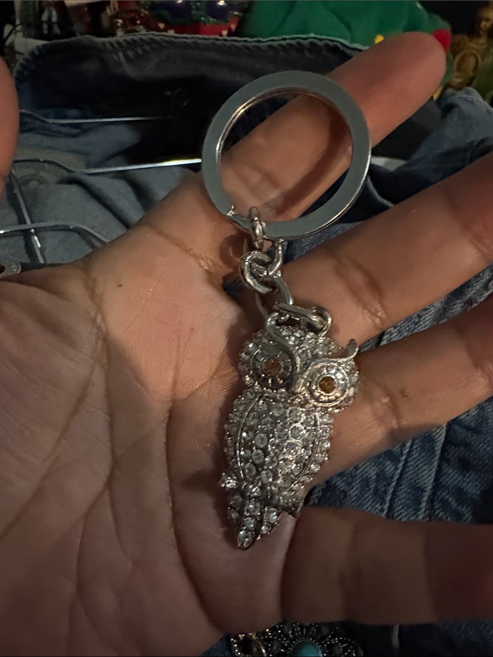 Crystal Owl Keychain Charm - Silver with Amber Eyes - Picture 1 of 1